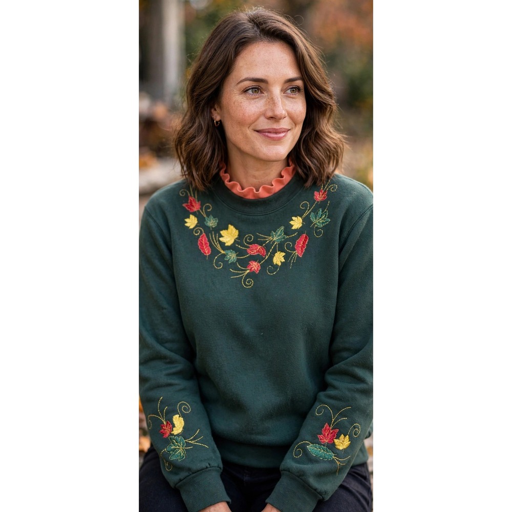 BonWorth Vintage Forest Green Embroidered Autumn Leaves Mock Neck Sweatshirt